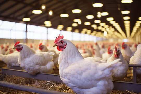 Nurturing Chickens A Glimpse Inside an Indoor Chicken Farm, Where Farmers Carefully Feed and Tend to Their Flockwith. created with Generative AI