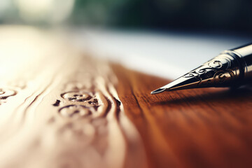 A vintage pen and a stack of aged paper on an antique wooden desk, evoking a sense of nostalgia and timeless charm. The pen's nib is delicately placed on the paper, as if mid-thought, capturing the es - obrazy, fototapety, plakaty