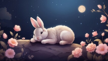 cute hand drawing cartoon bunny sleeping on the moon. cute animal wallpaper, animal background and animal card for kids, card
