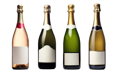 bottle of champagne with empty label, New Year's Eve or celebration, different versions, mockup, isolated