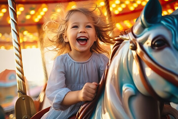 Fototapeta premium Joyful Carousel Delight A Happy Young Girl Revels in Excitement on a Colorful Merry-Go-Round at the Amusement Park. created with Generative AI