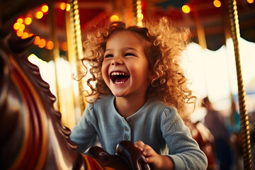 Obraz premium Joyful Carousel Delight A Happy Young Girl Revels in Excitement on a Colorful Merry-Go-Round at the Amusement Park. created with Generative AI