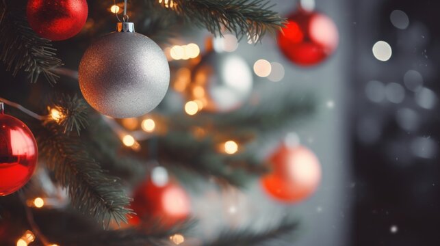 a close up of a christmas tree with red and silver baubles hanging from it's branches and blurry lights in the background
