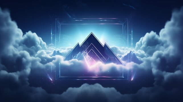 abstract futuristic background with neon geometric shape and stormy cloud on night sky. Rhombus frame with copy space