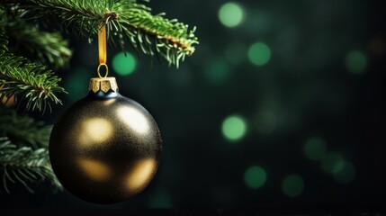 Green Christmas decoration ball with fir tree branch against black background with golden bokeh