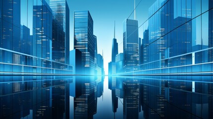 Fototapeta na wymiar Modern skyscrapers of a smart city, futuristic financial district, graphic perspective of buildings and reflections - Architectural blue background for corporate and business brochure template