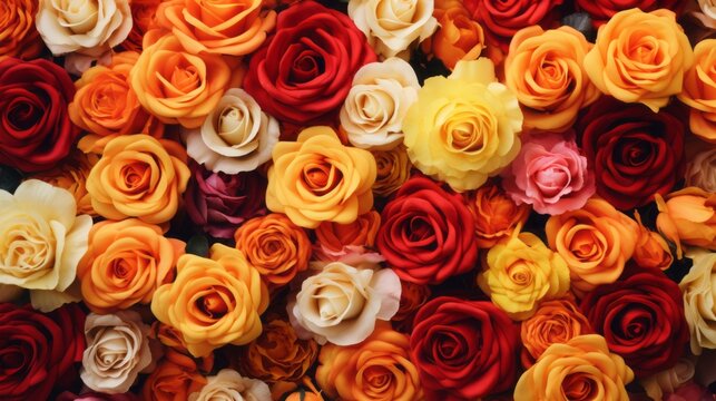 Multicolored Flower Background. Floral Wallpaper with Yellow, Orange and Red Roses