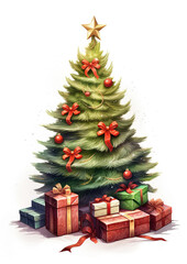 Fototapeta na wymiar Illustration of traditonal Christmas tree with gifts on white background, generative ai 