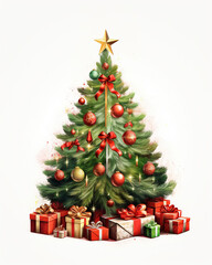 Obraz na płótnie Canvas Illustration of traditonal Christmas tree with gifts on white background, generative ai 