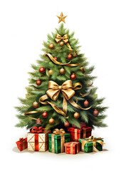 Illustration of traditonal Christmas tree with gifts on white background, generative ai 