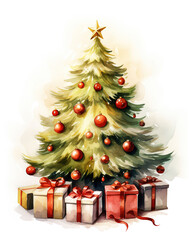 Illustration of traditonal Christmas tree with gifts on white background, generative ai 