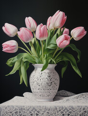 pink tulips in white vase with lace cloth, generative ai