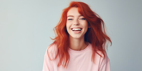Woman face  red hair. Close up of happy attractive young woman with long way red hair and freckles wears stylish t shirts looks happy and smiling illustration Ai.