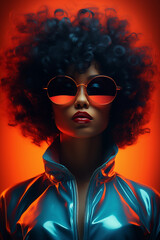 fashionable portrait of woman in trendy clothes , neon light on background, ai generated