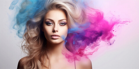 Women faces smoke colour horizontal copy space on pastel pink background. Illustration AI.