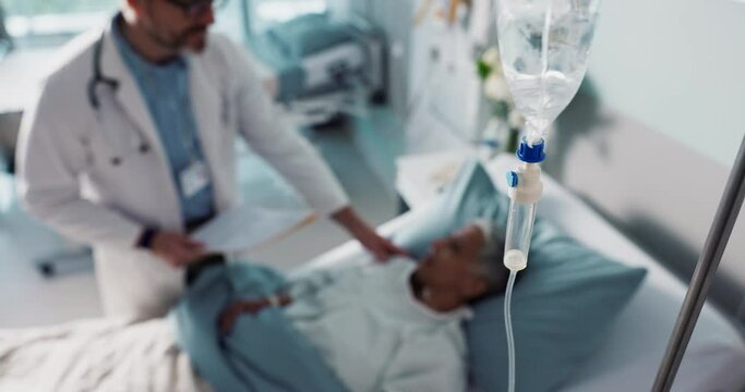 IV drip, healthcare and medicine with doctor and patient in hospital, treatment and surgery with healing. People at clinic, health with medication or liquid in bag for infusion, service and recovery