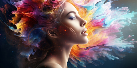 Obraz na płótnie Canvas Woman face Abstract painting woman face multi colored wallpaper.Creative background with stylish woman. Fashion portrait horizontal copy space. Ai. 