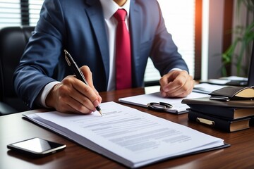 Businessman validates and manages business documents and agreements, joint venture agreement ,contract documents confirmation ,guarantee correctness