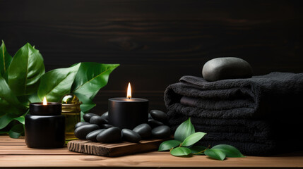Obraz na płótnie Canvas Serene spa setting featuring a lit candle, a stack of black towels, smooth massage stones, a glass bottle, and fresh green leaves, all arranged on a wooden table against a dark background.