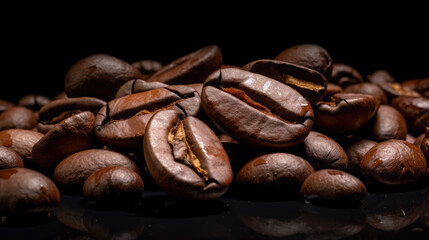Obraz premium Freshly roasted coffee beans are emitting steam, highlighting their rich aroma and texture against a dark background.