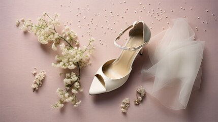  a pair of white high heeled shoes next to a bouquet of white baby's breath flowers on a pink surface with pearls scattered around the shoelaces.