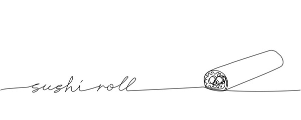 Fototapeta premium Sushi roll, Ehomaki, Setsubun one line art. Continuous line drawing of sushi, japanese, food, roll, culture, tasty, restaurant, japan, asian, sea, menu with inscription, lettering, handwritten.
