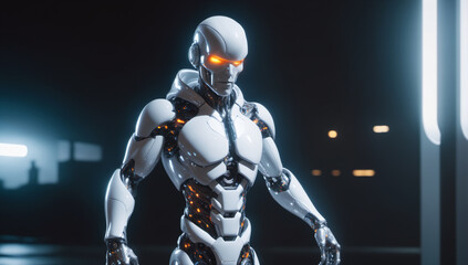 Naklejka premium Futuristic humanoid robot in a sci-fi setting.