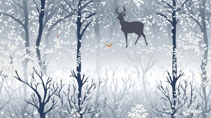  a deer standing in the middle of a forest next to a forest filled with lots of trees and a bird flying in the air next to the tree's leaves.