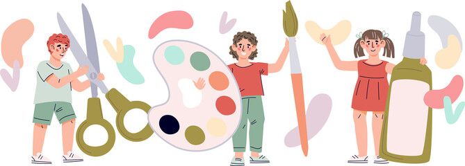 Kids art and creativity class concept - cute children with applies for crafting and handmade hobby