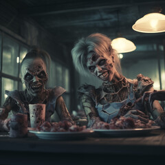 Female zombies couple enjoy a meal at the restaurant.