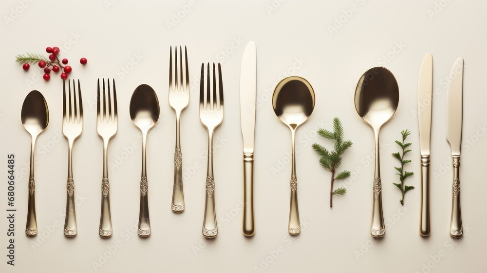Poster a group of forks and spoons sitting next to each other with a sprig of holly on top of one of the fo