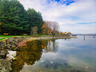 View of Hecate Park, Cowichan Bay, Vancouver Island, British Colombia, Canada with bright autumn...