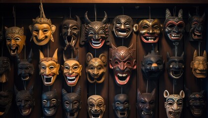 A Colorful Array of Masks Adorning a Wall - obrazy, fototapety, plakaty