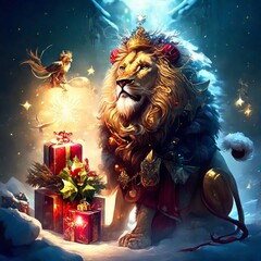 a lion with a christmas present in its mouth