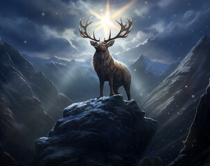 Christmas reindeer standing on a mountain glowing with sky lights..New Year festive atmosphere.