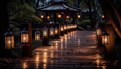 Fototapeta na wymiar Enchanted Pathway: Illuminated Lanterns Guiding Through a Nighttime Woodland Wonderland