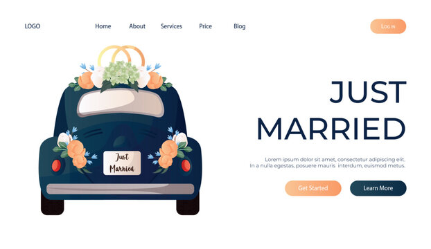 Landing page with wedding rings on retro car with flowers, sign board Just Married. Bride and groom getaway car. Wedding day accessories, decorations. Celebrate marriage, save the date ceremony poster