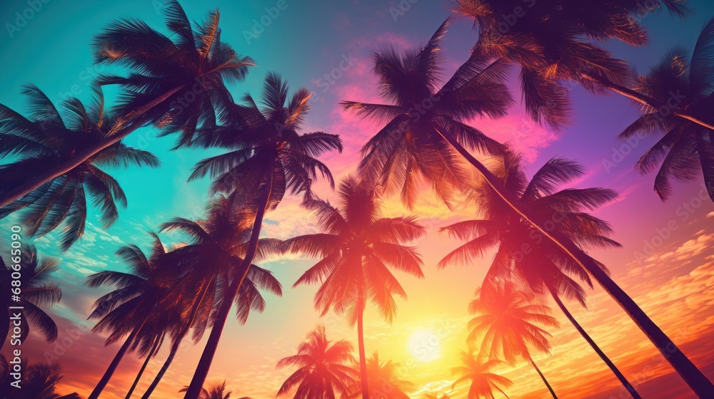 Poster a group of palm trees with the sun setting in the middle of the palm trees in the middle of the pict
