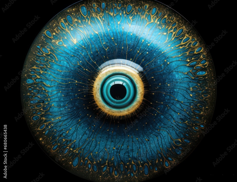 Poster a close up of a blue and yellow object with a circular hole in the middle of it's center.