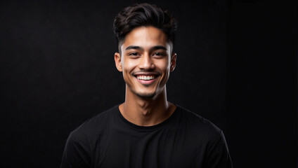 Obraz premium Young man smile isolated in black background, backdrop with copy space