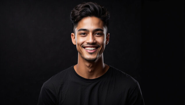 Young man smile isolated in black background, backdrop with copy space