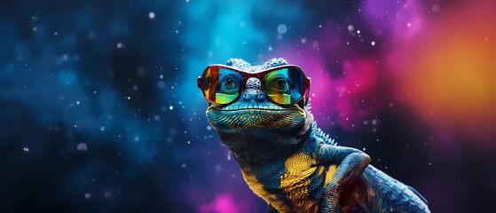 Lizard with sunglasses and space colors, background is bokeh with bubbles - obrazy, fototapety, plakaty
