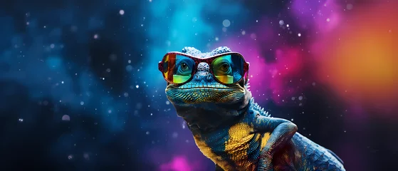 Fototapeten Lizard with sunglasses and space colors, background is bokeh with bubbles © Nicco 