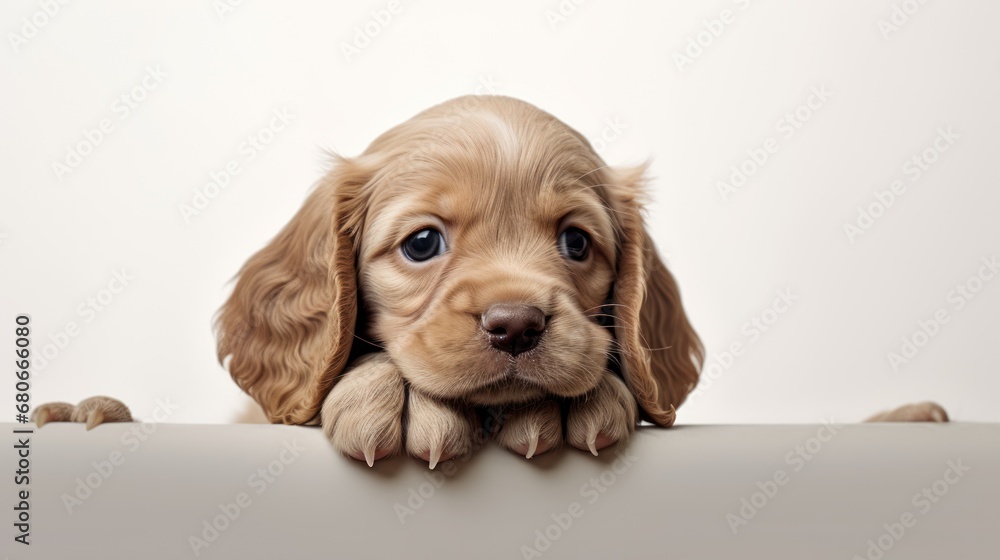 Aufkleber a close up of a dog on a white surface with its paws on the edge of a table looking at the camera.