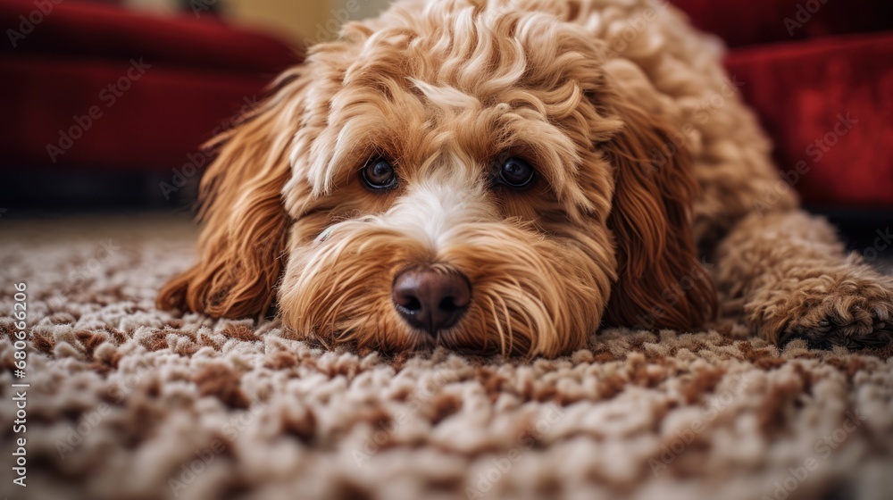 Poster a close up of a dog laying on a carpet with its head resting on the floor next to a couch.