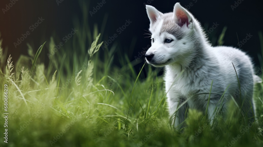 Poster a close up of a dog in a field of grass with grass in the foreground and grass in the background.