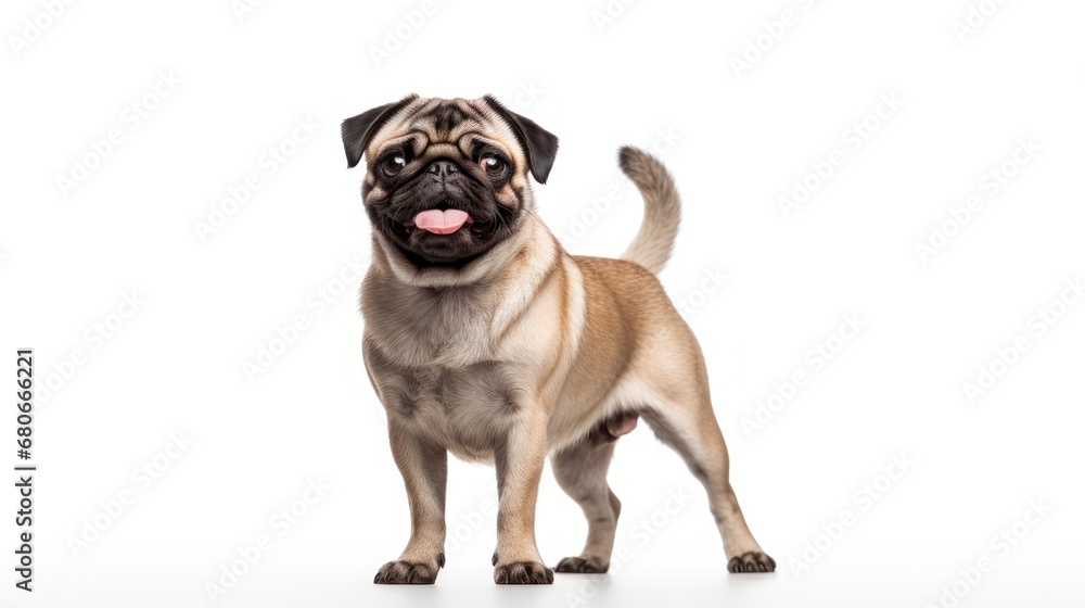 Poster a small pug standing in front of a white background with its tongue out and it's tongue out.