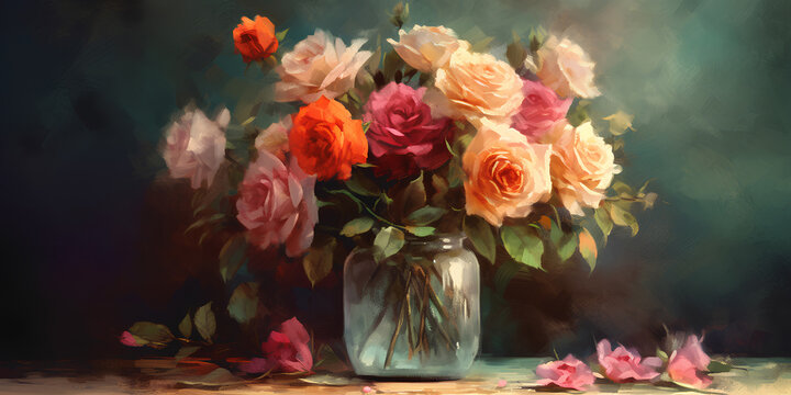 Bouquet of roses in a glass vase on a table, still life, watercolor painting