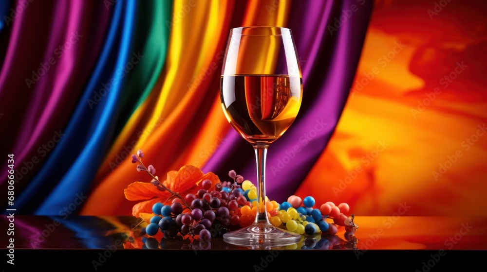 Poster a glass of wine sitting on top of a table next to a bunch of grapes and a bunch of grapes in front o
