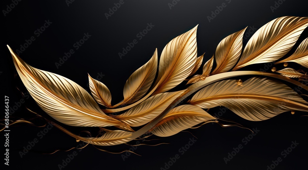 Poster a close up of a gold leaf on a black background with a light reflection on the bottom of the image.